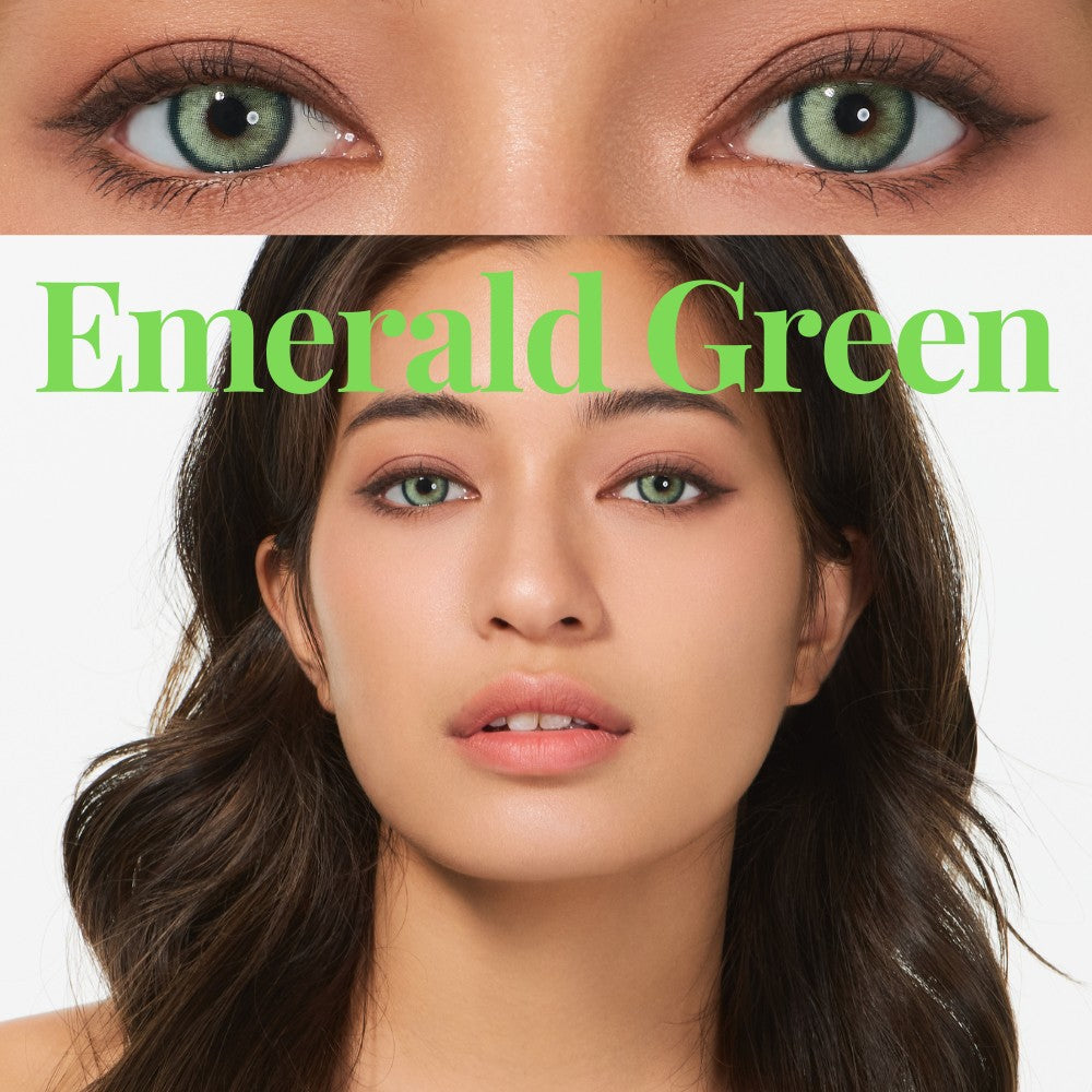 Model wearing Emerald Green colored contact lenses from HoneyColor, bold green hues with natural definition and larger graphic diameter, creating a mesmerizing eye-enhancing effect ideal for daily glam or cosplay.