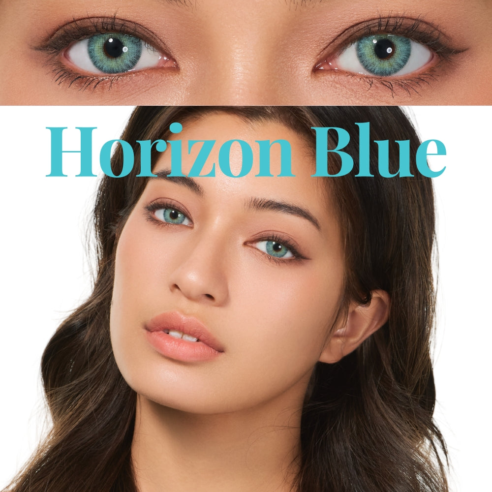 Model wearing VISKON Horizon Blue contact lenses, showing bright turquoise-blue color on dark eyes