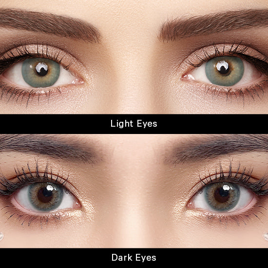 Comparison of Aqua Playday lenses on light and dark eyes, highlighting soft aqua and hazel tones with natural color coverage.