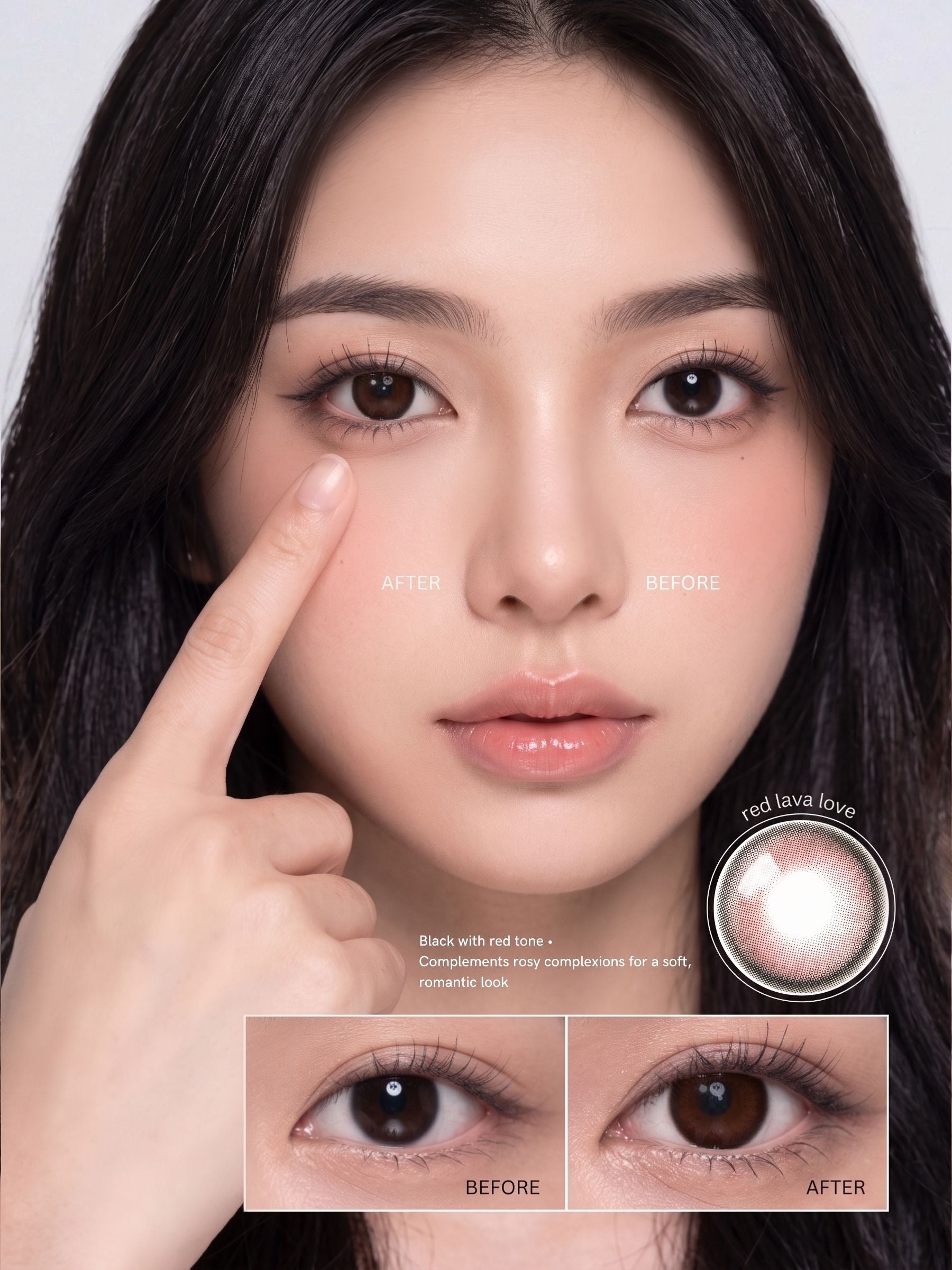 Close-up beauty shot of a woman wearing black contact lenses, with a finger pointing to one eye and before/after eye comparison panels at the bottom.
