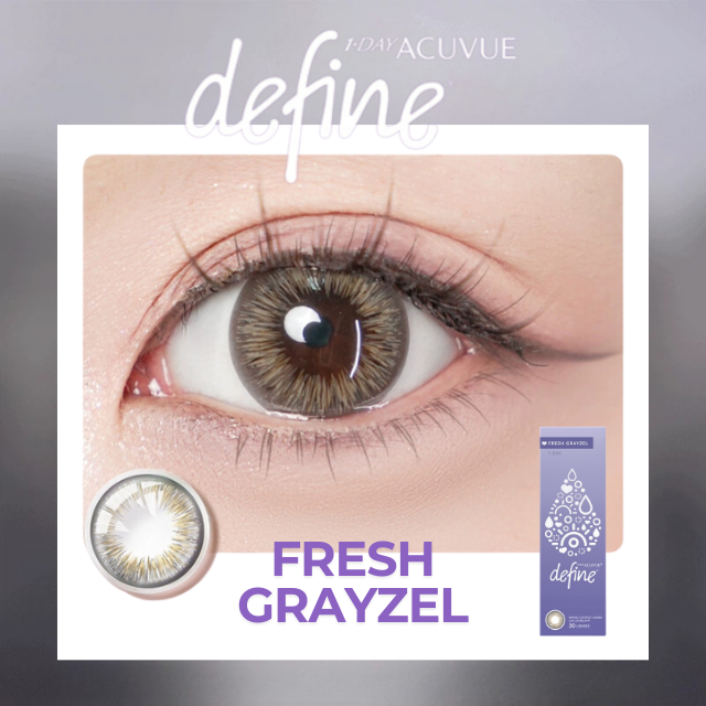 Close-up of eye wearing 1-Day Acuvue Define Fresh Grayzel lenses with soft gray-brown blend