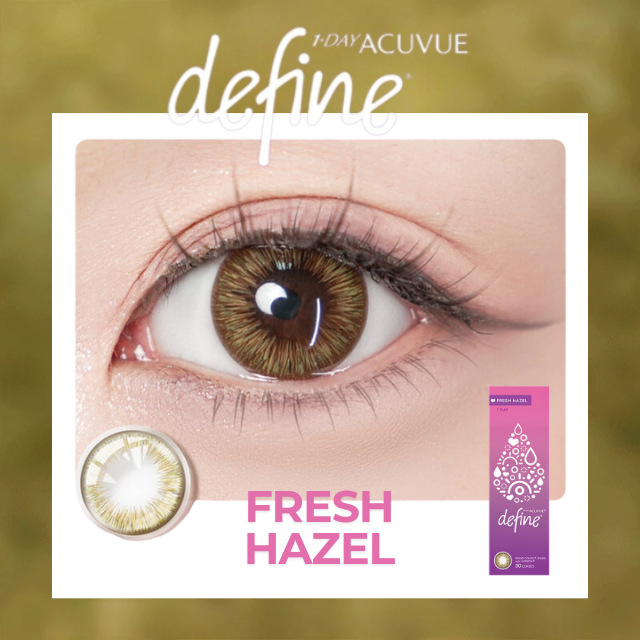Close-up of eye wearing 1-Day Acuvue Define Fresh Hazel lenses with warm brown and golden tones
