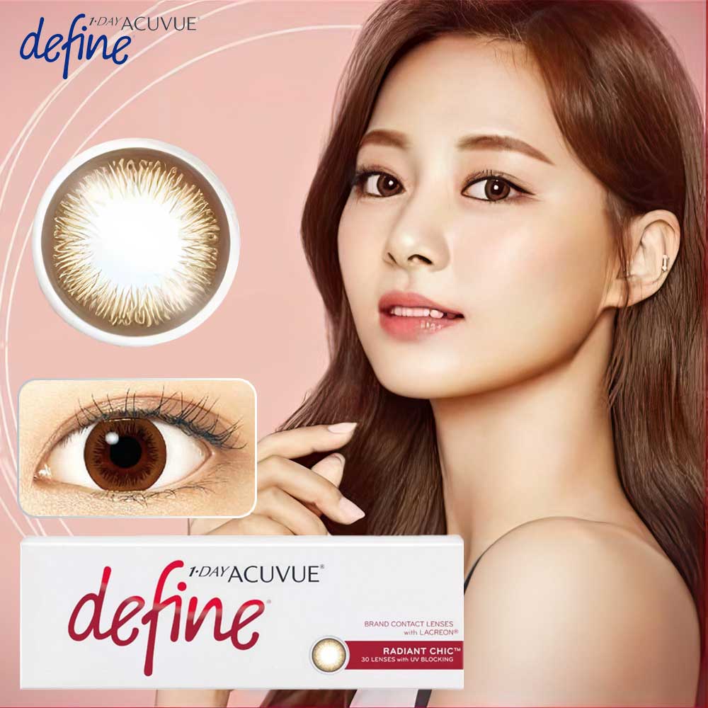Model wearing 1-Day Acuvue Define Radiant Chic lenses featuring bright brown tones and defined limbal ring