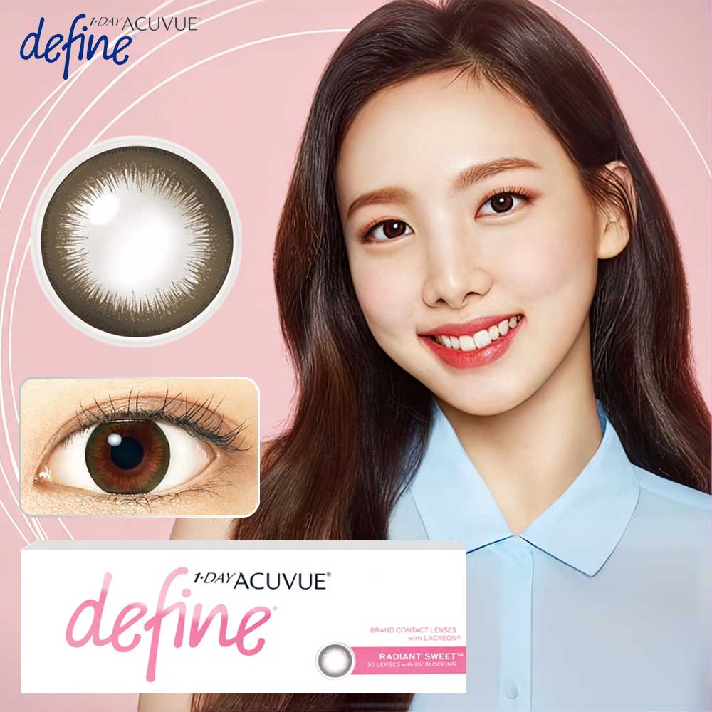 Model smiling while wearing 1-Day Acuvue Define Radiant Sweet lenses with subtle enhancement for dark eyes