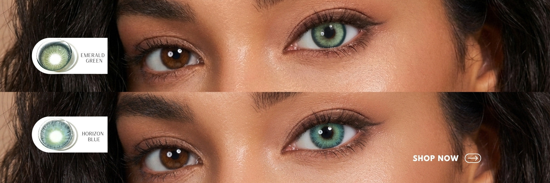 Close-up of eyes with blue and green colored contacts for dark brown eyes showing before and after