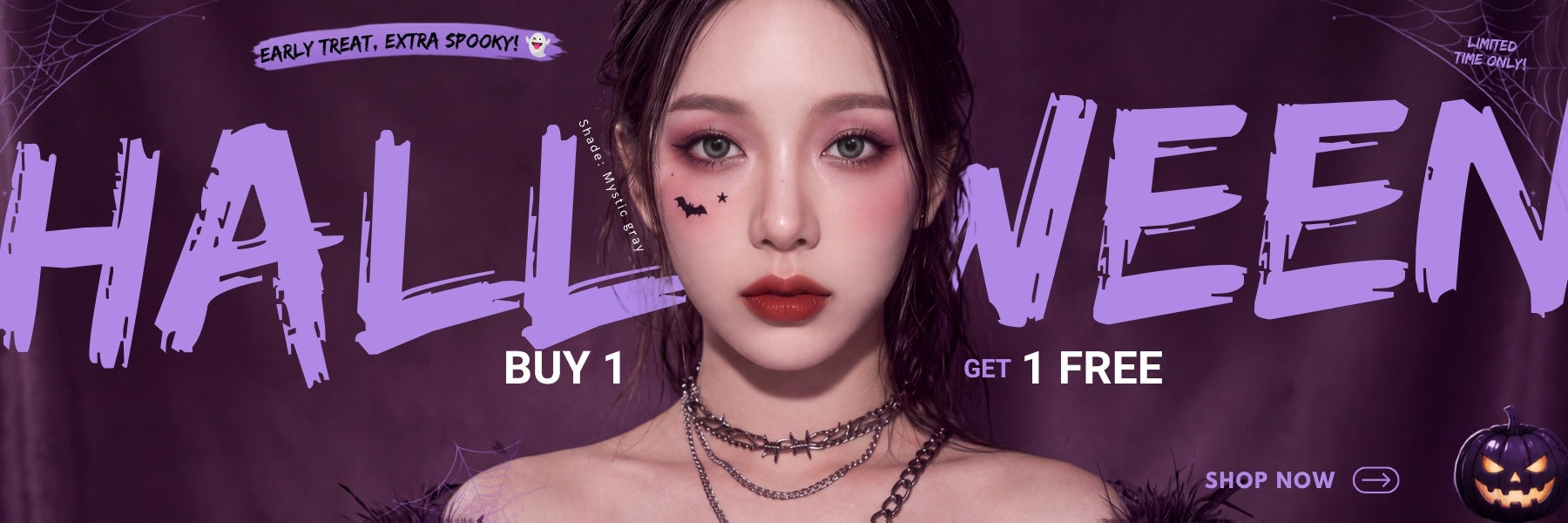 A promotional banner for Halloween featuring a model with gothic makeup and layered necklaces, set against a dark purple background with large purple text reading 'HALLOWEEN' and offer text 'BUY 1 GET 1 FREE'.