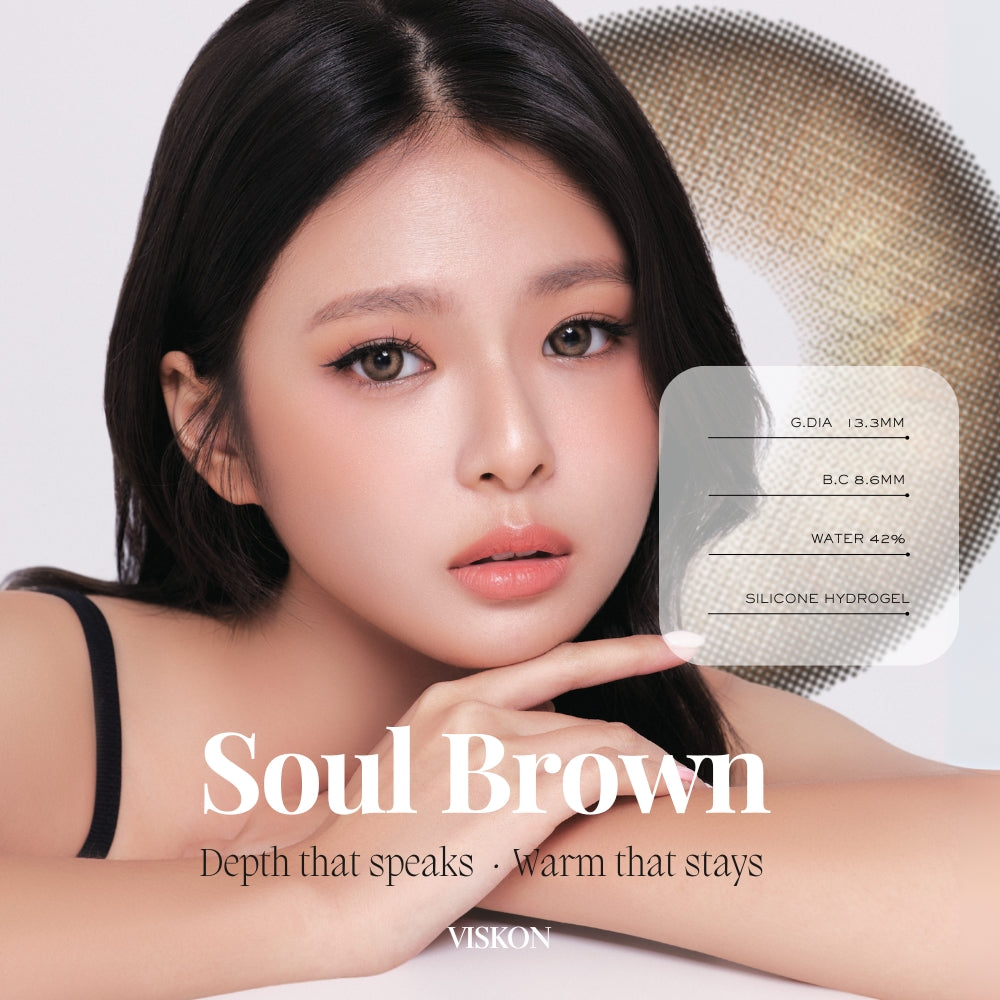 Model wearing VISKON Soul Brown contact lenses, featuring warm brown tones with subtle definition