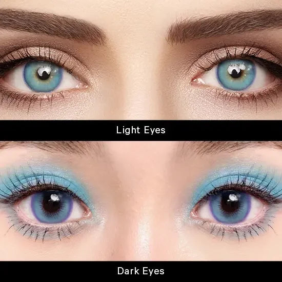 Comparison of Metafantasia Blue lenses on light and dark eyes, highlighting vibrant blue tones and color coverage.