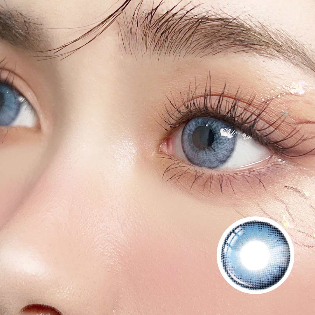 Side close-up of a model wearing Pretty Blue Affair blue contact lenses, showcasing their natural design and vibrant color enhancement.