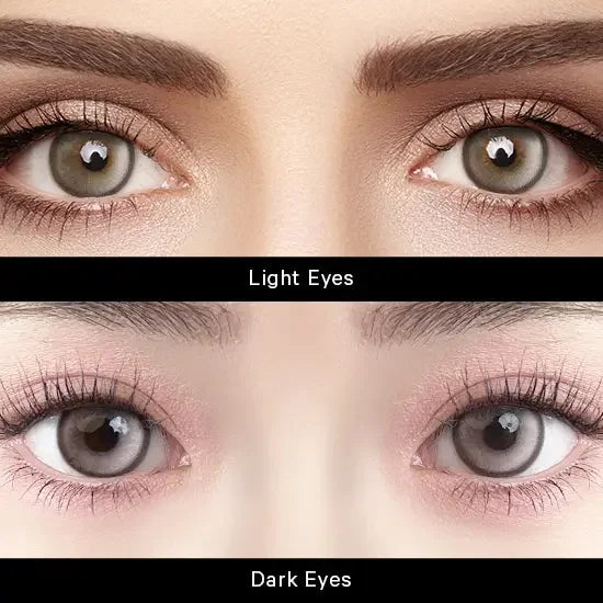 Comparison of Caramel Pink Chic lenses on light and dark eyes, highlighting their natural pink tones and color coverage.