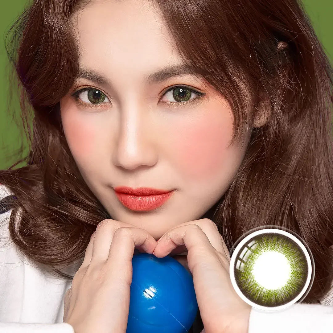 Portrait of a model showcasing Neo Dali Extra Green color contact lenses, delivering a striking green tone that enhances eye definition.