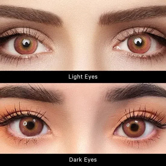 Comparison image displaying Say Yes Idol Red lenses on light eyes (upper view) and dark eyes (lower view) to showcase differences.