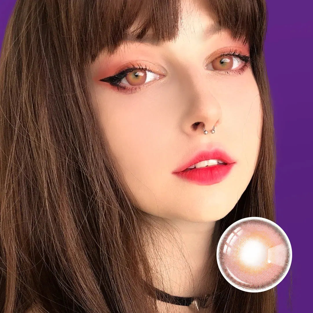 Close-up portrait of a model with Say Yes Idol Red lenses, enhanced by sleek bangs and winged eyeliner for a confident and edgy look.