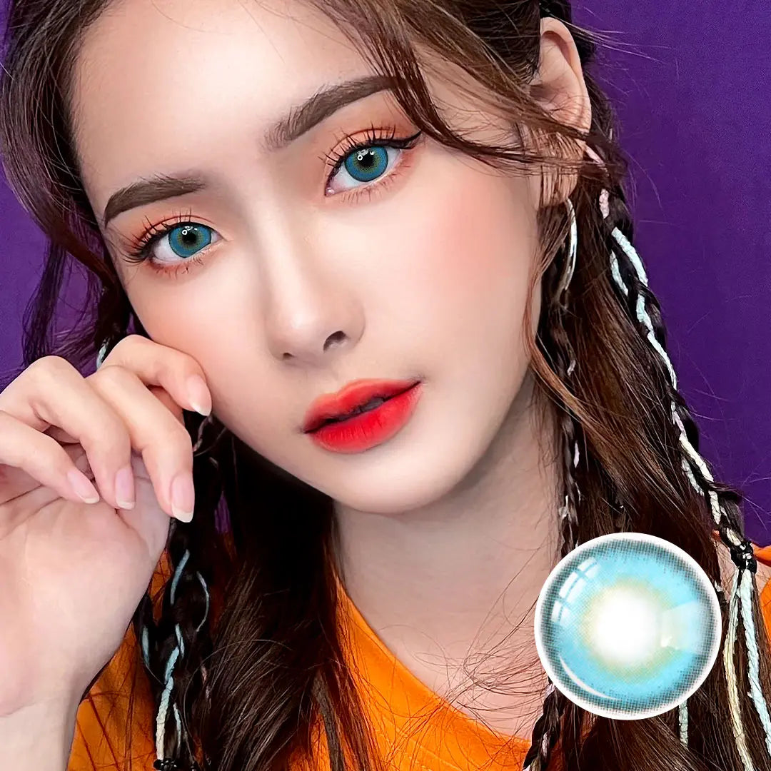 Portrait of a model wearing Say Yes Very Blue lenses, highlighting the captivating bright blue shade that adds a pop of color to their natural features.