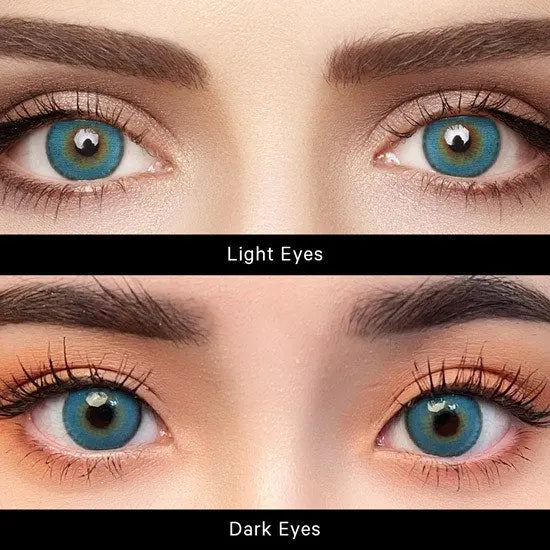Side-by-side comparison of Say Yes Very Blue lenses on light eyes (top) and dark eyes (bottom), illustrating the vibrant transformation for both eye colors.