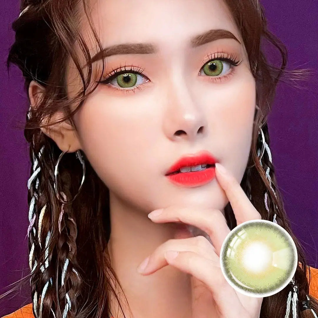Portrait of a model with Say Yes Dancing Green lenses, paired with bold red lips and styled hair for a striking and confident look.