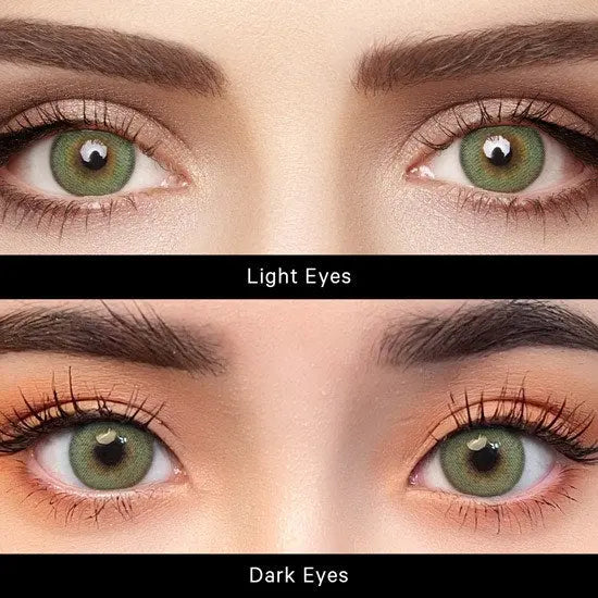 Comparison image displaying Say Yes Dancing Green lenses on light eyes (upper view) and dark eyes (lower view) to showcase differences.