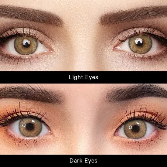 Comparison image displaying Say Yes Crush Brown lenses on light eyes (upper view) and dark eyes (lower view) to highlight differences.
