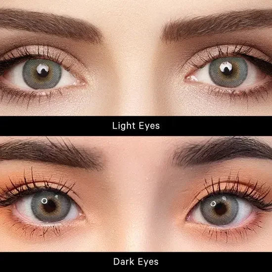 Comparison image displaying Say Yes Spotlight Gray lenses on light eyes (upper view) and dark eyes (lower view) to showcase differences.