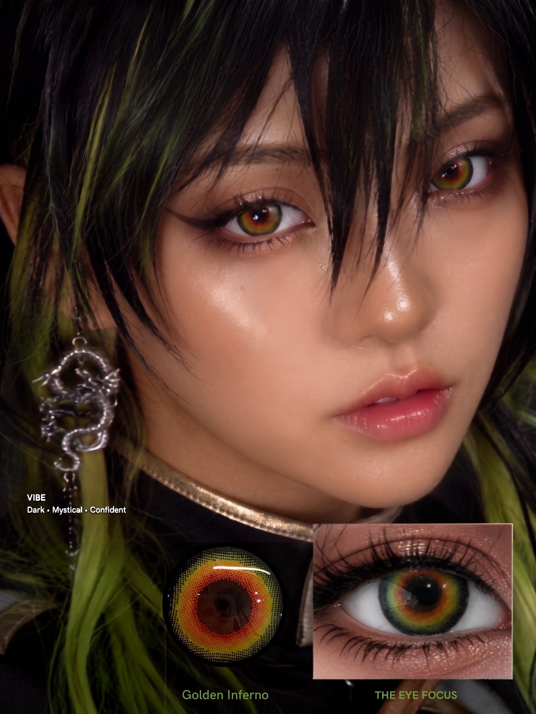 a cosplayer wearing golden yellow cosplay lens vibe is dark, mystical