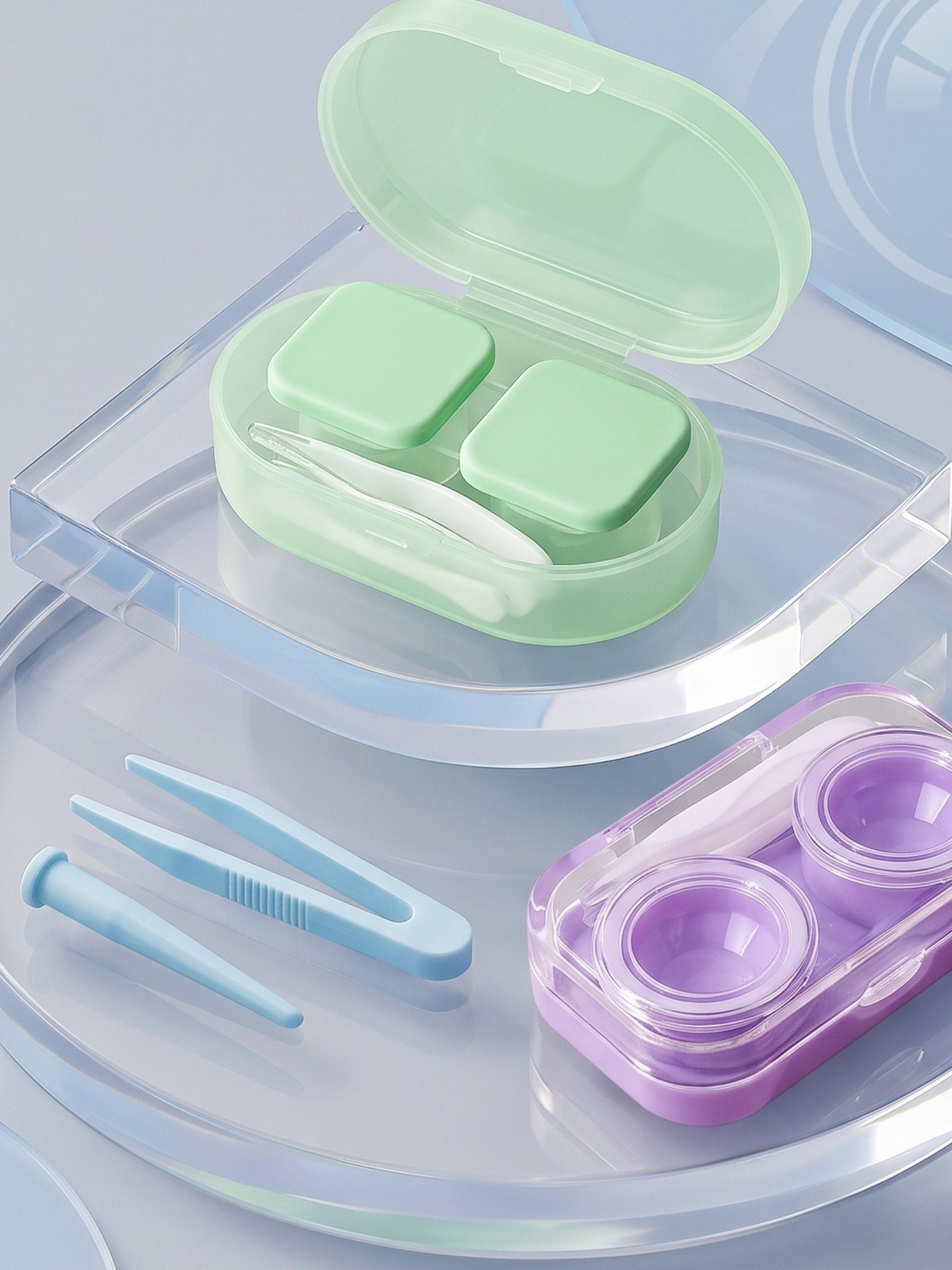 A set of contact lens accessories arranged on a translucent display surface, including a mint green case with two lens compartments and a white lens cleaner, light blue tweezers, and a purple case with two circular lens cups.
