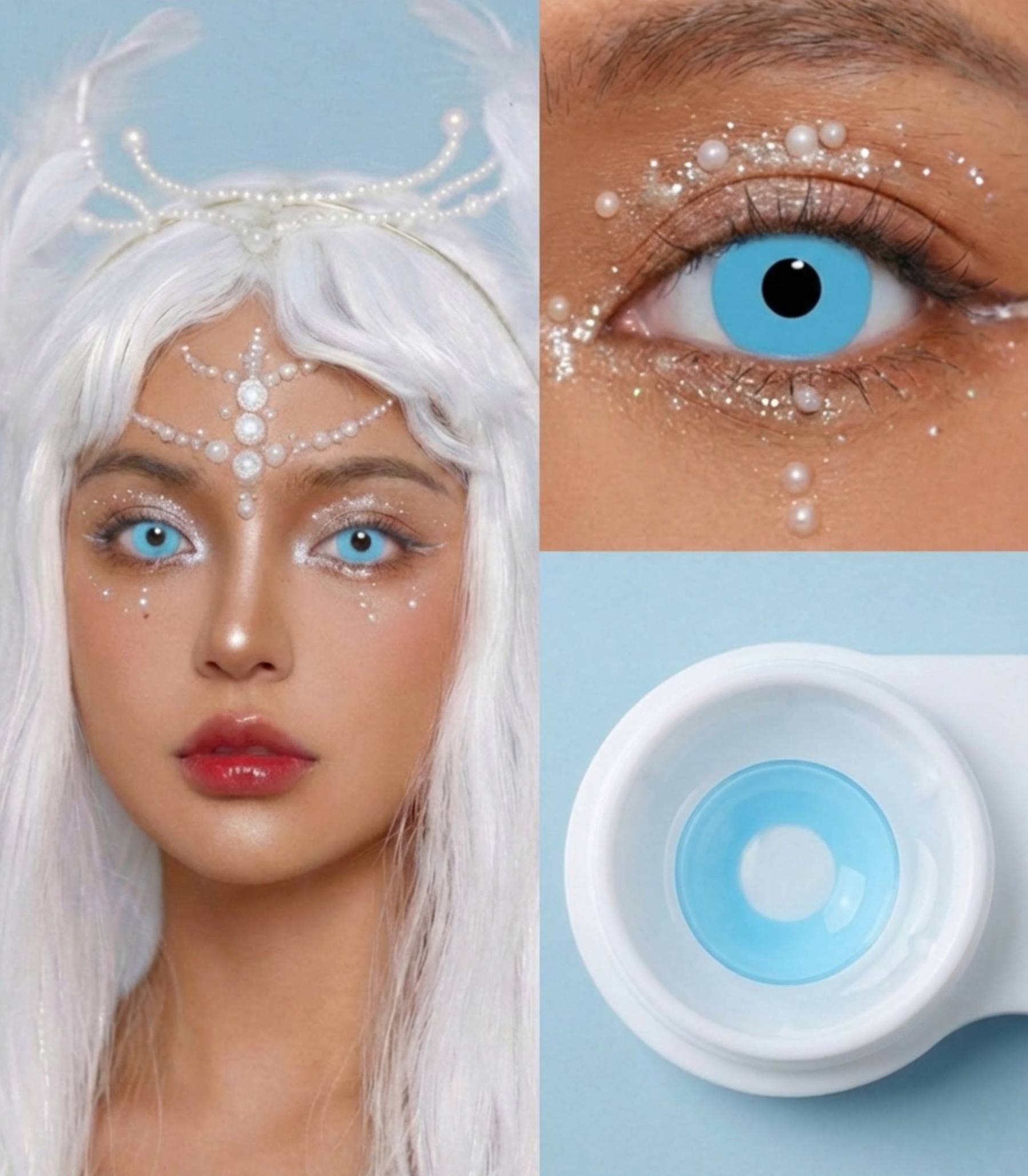 cosmplayer with light blue contact lenses, white hair, and decorative headpiece on a light blue background.