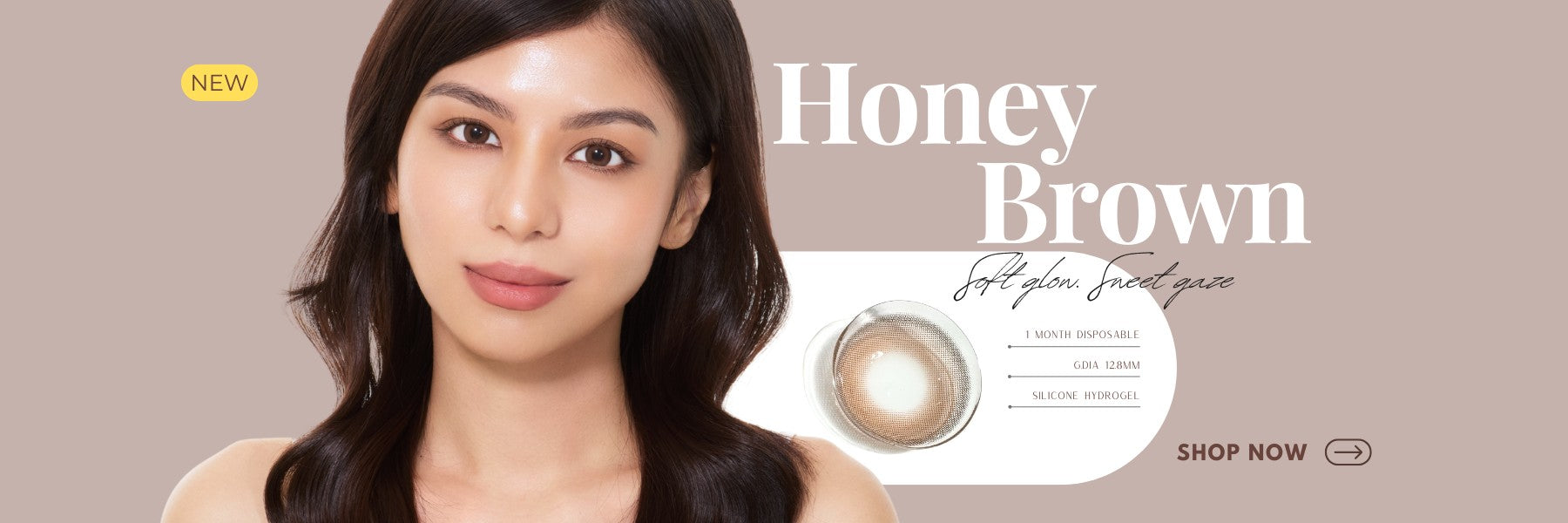 Banner of Honey Brown contact lenses with a woman's face and lens.