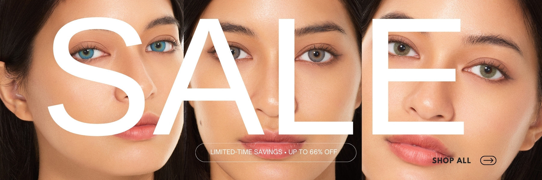 Three women's faces wearing color contact lens with 'SALE' text overlay on a black background
