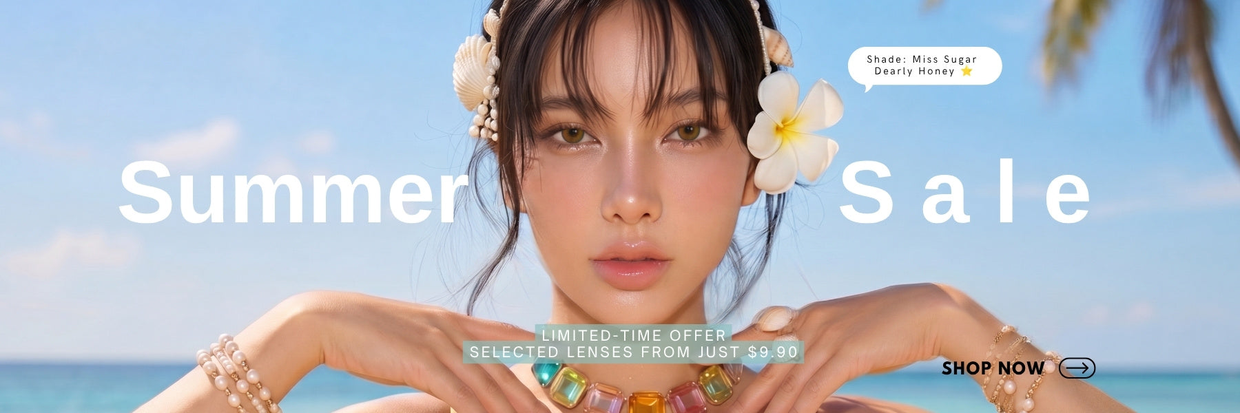 Woman with flowers in her hair against a beach background with 'Summer Sale' text.