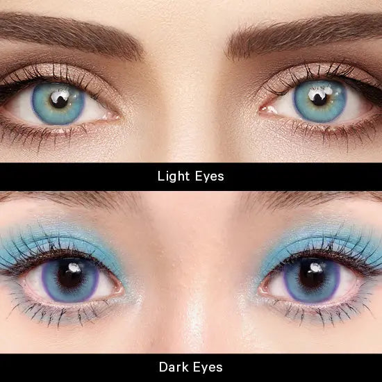 Comparison of Metafantasia Blue lenses on light and dark eyes, highlighting vibrant blue tones and color coverage.