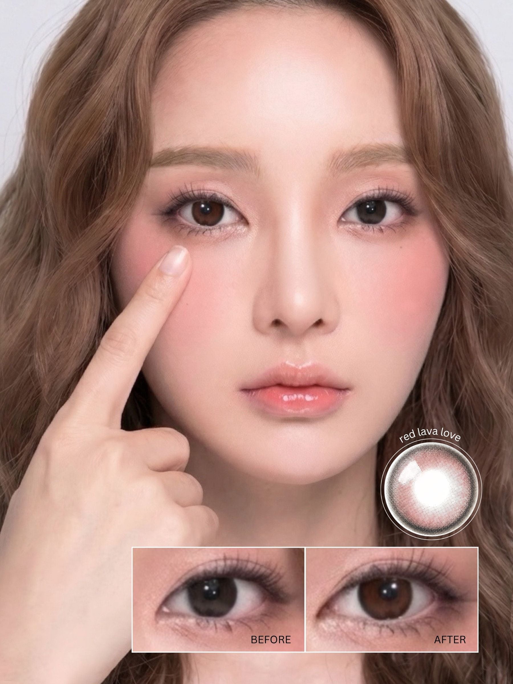 Close-up of a woman with black eyes wearing circle lens, with a hand pointing to the eye with circle lens.