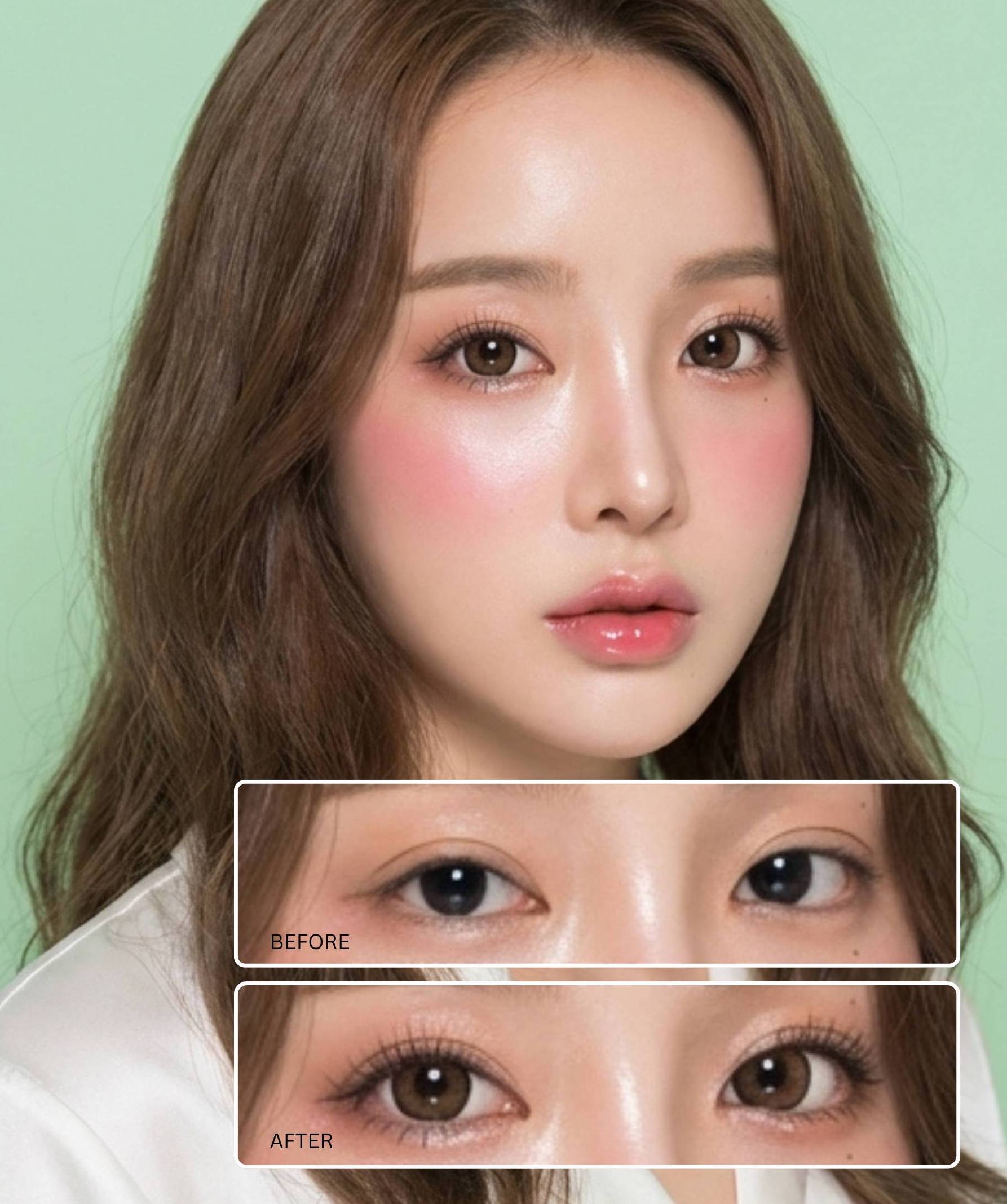 before and after comparison of woman wearing brown colored contact lenses with enlarging effect