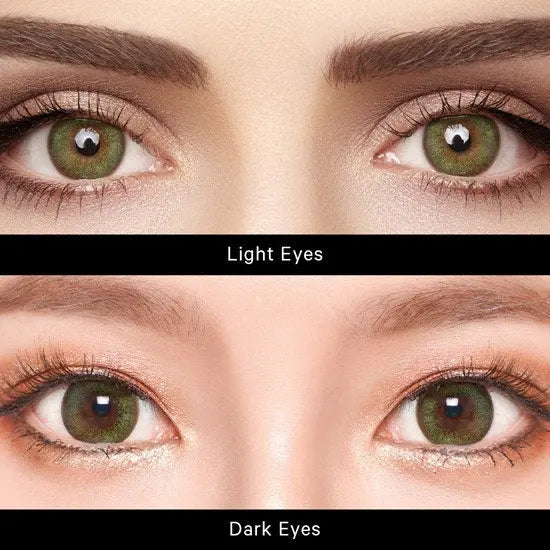 Neo Dali Extra Green contact lenses on light and dark eyes, creating a bold and vibrant green transformation for an impactful look.
