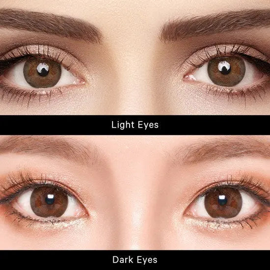 Comparison of Neo Dali Extra Brown lenses on light and dark eyes, highlighting their natural brown tones and enlarging effect.