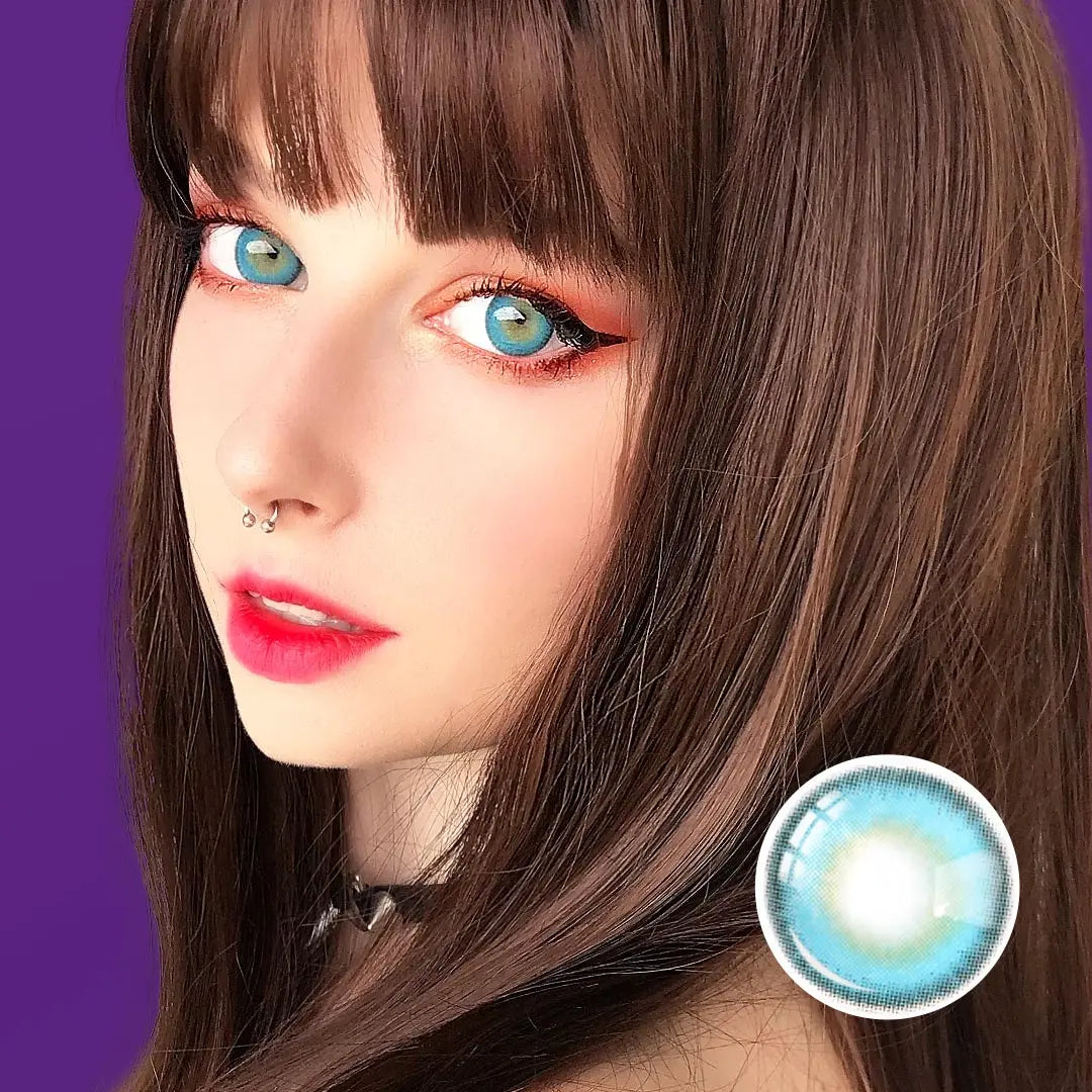 Close-up of a model wearing Say Yes Very Blue lenses, showcasing how the lenses blend seamlessly for a vibrant yet soft appearance.